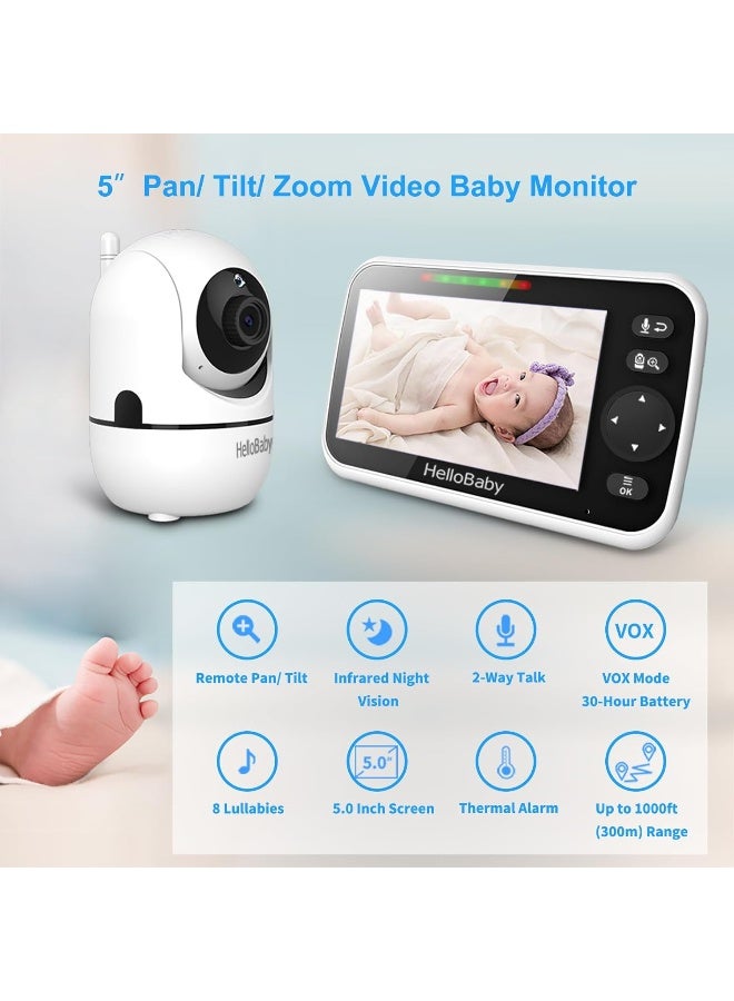 HelloBaby Upgrade Monitor, 5'' Screen with 30-Hour Battery, Pan-Tilt-Zoom Video Baby Monitor with Camera and Audio, Night Vision, VOX, 2-Way Talk, 8 Lullabies and 1000ft Range No WiFi, Ideal Gifts - Image 2