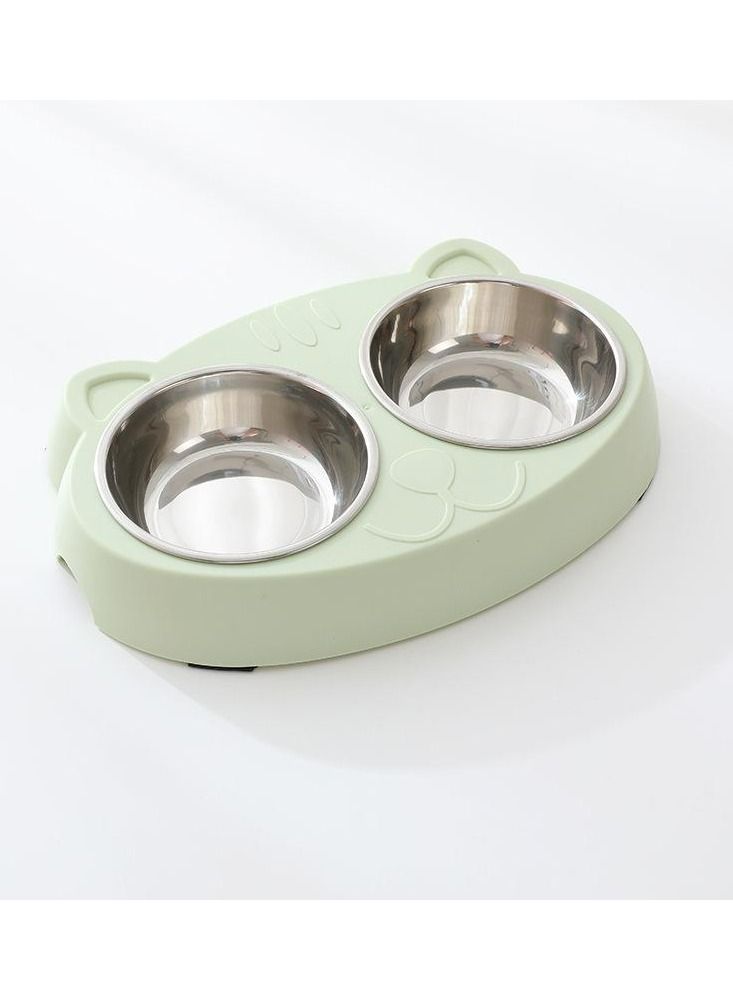 Double Stainless-Steel Pet Bowl with No-Slip Cute Kitty Face Modelling (Green) - Image 1