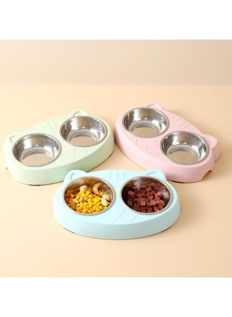 Double Stainless-Steel Pet Bowl with No-Slip Cute Kitty Face Modelling (Green) - Image 2