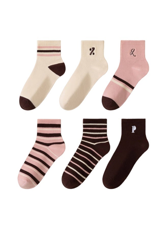 Yiershuang [10a Antibacterial] Women's Socks, Autumn And Winter, 100% Pure Cotton, Odor-resistant, Breathable, Maillard Color Series, Mid-calf Socks, 6 Pairs