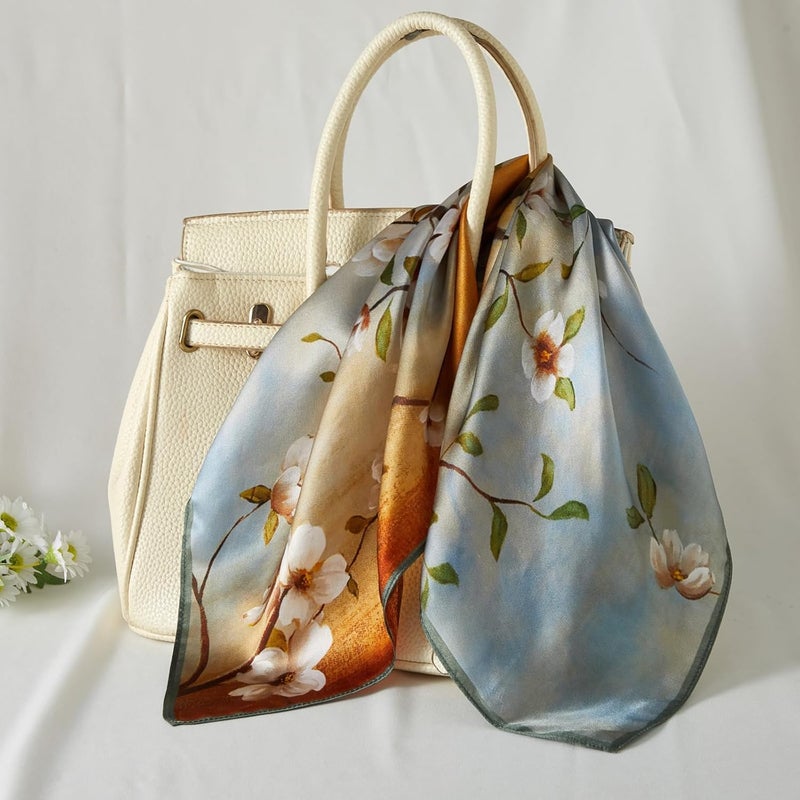 53 * 53Cm small square scarf silk scarf silk square spring and summer scarf headband binding bag/yellow edge camellia - Image 3