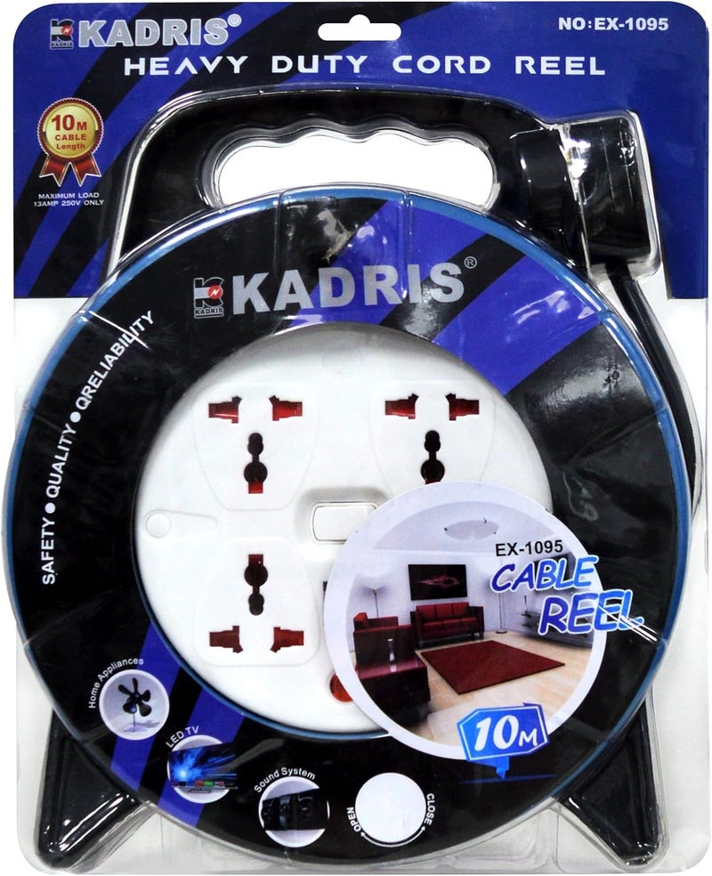 KADRIS Heavy Duty 3 Way Socket Cable Extension Reel Cassette, 10 Meter Cable Length, Blue/Black - Image 1