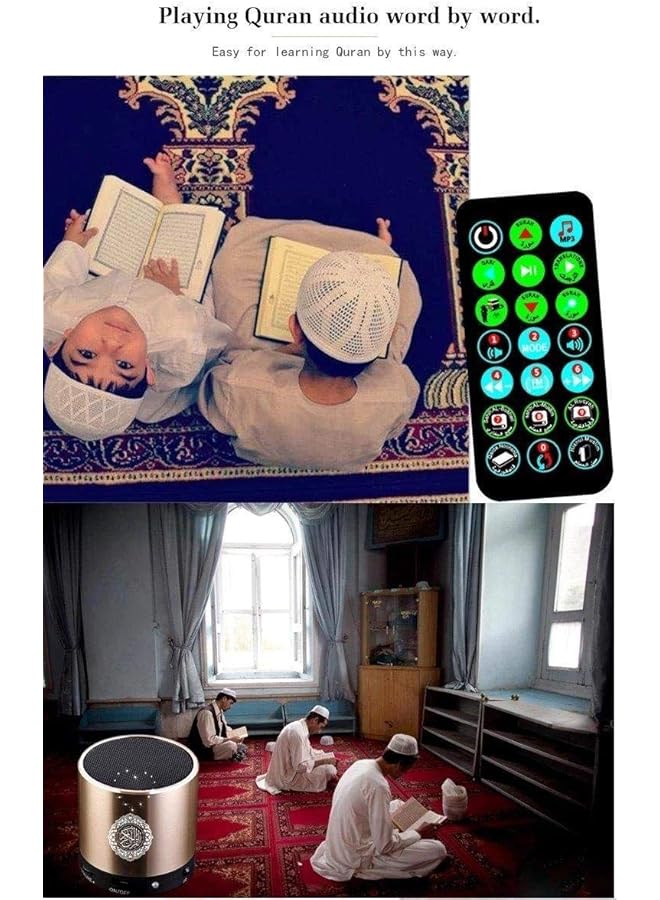 إيروريكس مكبر صوت للتحكم عن بعد، مكبر صوت محمول للقرآن الكريم، مشغل إم بي 3، 8 جيجابايت، تي إف إم، مترجم القرآن الكريم، مكبر صوت قابل لإعادة الشحن عبر يو إس بي، ذهبي - Image 5
