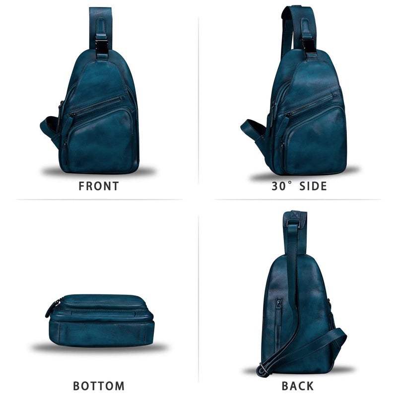 IVTG Genuine Leather Sling Bags Chest Shoulder Hiking Backpack Vintage Handmade Crossbody Daypack(NavyBlue) Medium - Image 4