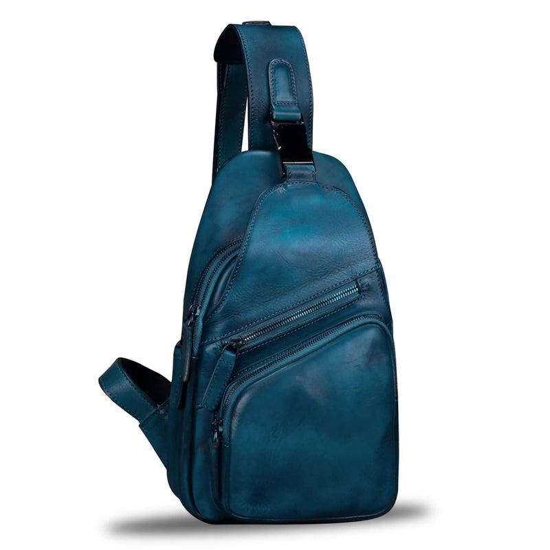IVTG Genuine Leather Sling Bags Chest Shoulder Hiking Backpack Vintage Handmade Crossbody Daypack(NavyBlue) Medium - Image 1