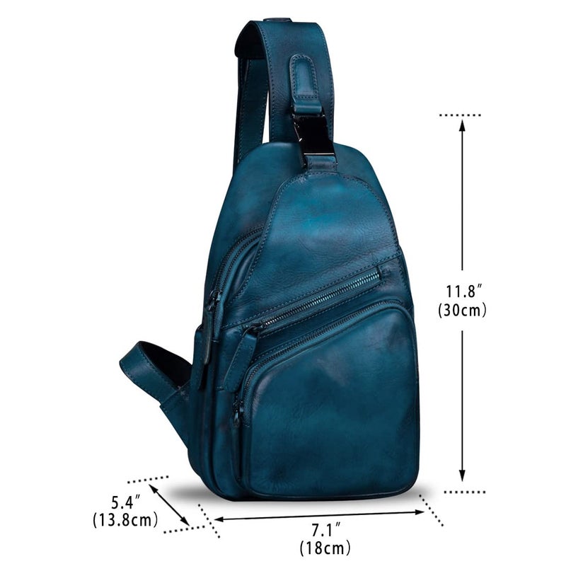 IVTG Genuine Leather Sling Bags Chest Shoulder Hiking Backpack Vintage Handmade Crossbody Daypack(NavyBlue) Medium - Image 5