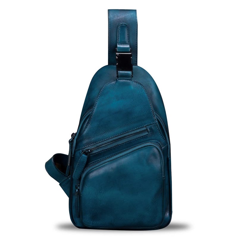 IVTG Genuine Leather Sling Bags Chest Shoulder Hiking Backpack Vintage Handmade Crossbody Daypack(NavyBlue) Medium - Image 2