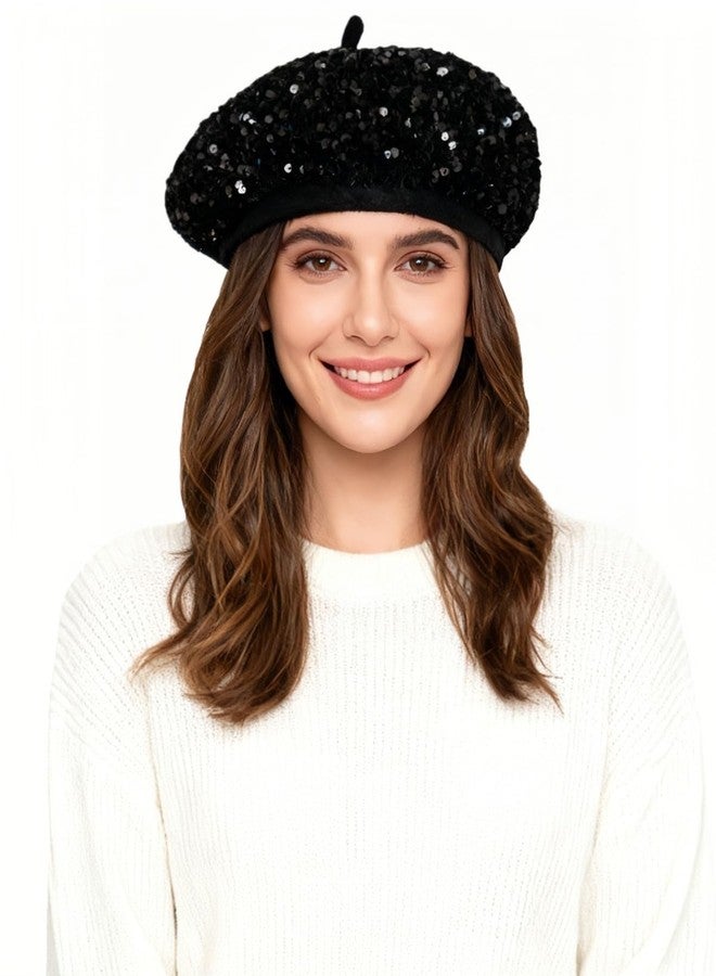 Caviotess Sparkly Sequin Beret for Women Glitter Velvet Beanie French Beret Hats Adjustable Painter Cap Fall Winter Hat - Image 3