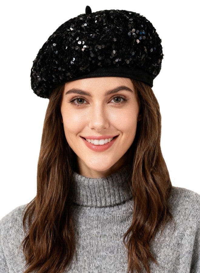 Caviotess Sparkly Sequin Beret for Women Glitter Velvet Beanie French Beret Hats Adjustable Painter Cap Fall Winter Hat - Image 1