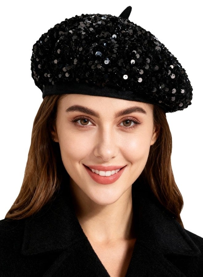 Caviotess Sparkly Sequin Beret for Women Glitter Velvet Beanie French Beret Hats Adjustable Painter Cap Fall Winter Hat - Image 4