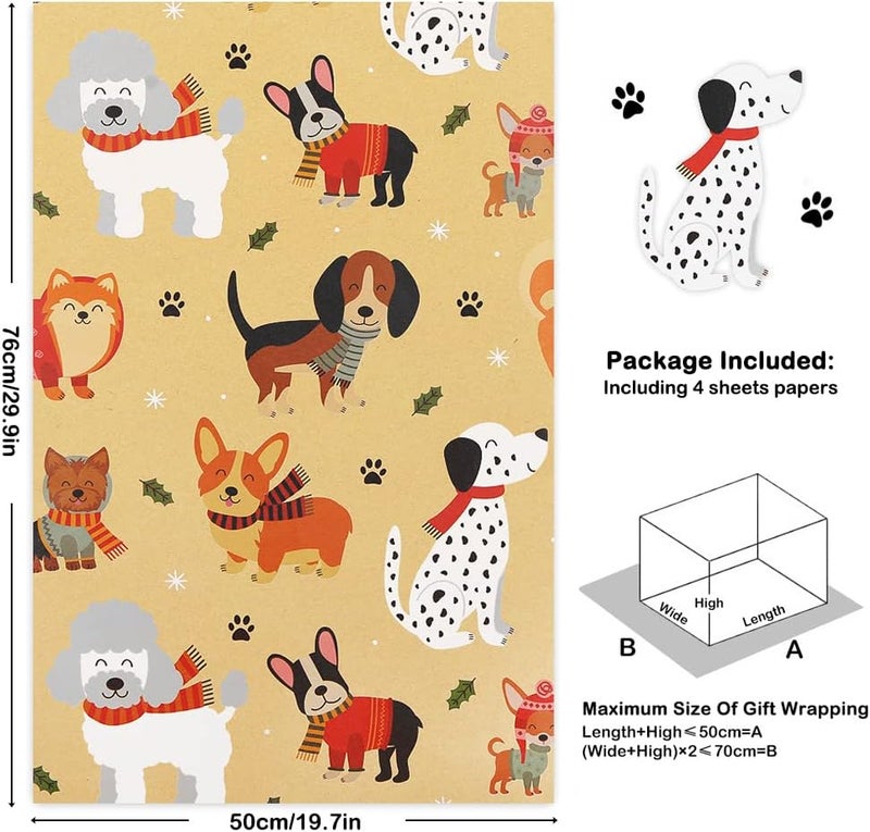 Winterworm Dog Gift Wrapping PaperPuppy Paw Christmas Birthday Gift Wrap Paper4 Folded Sheets Kraft Wrapping Paper for Kids Boys Girls Dog Woman Man Lover Baby Showers Party Gift Wrap Supplies30 x 20 Inch - Image 2