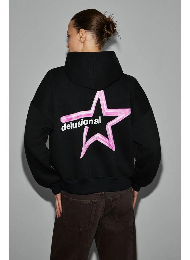 GRIMELANGE TERALY Women's Organic Cotton Fleece Fabric Print Detailed Black Sweatshirt.