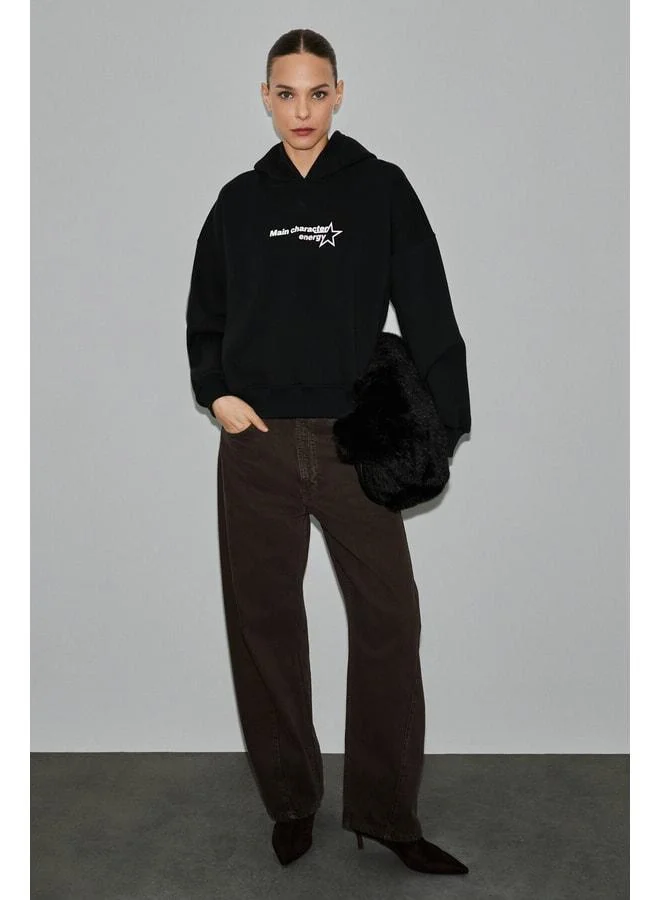 GRIMELANGE TERALY Women's Organic Cotton Fleece Fabric Print Detailed Black Sweatshirt.