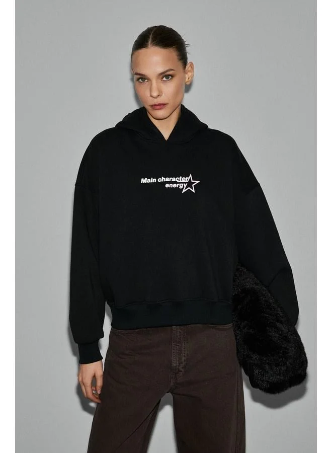 GRIMELANGE TERALY Women's Organic Cotton Fleece Fabric Print Detailed Black Sweatshirt.