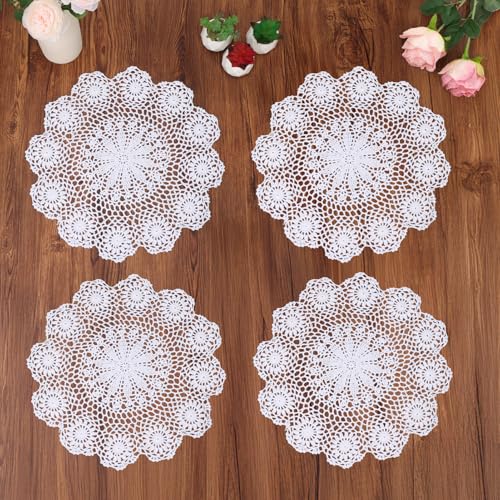 kilofly Handmade Crochet Round Cotton Lace Table Placemats Doilies Value Pack [Set of 4], Lotus, White - Image 2