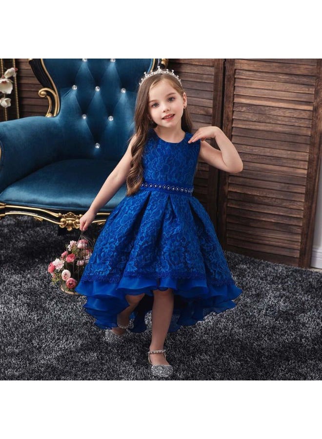 HIHCBF Flower Girls High Low Lace Dress Princess Wedding Pageant Birthday Christmas Party Formal Evening Dance Ball Gown Royal Blue 11-12T - Image 2