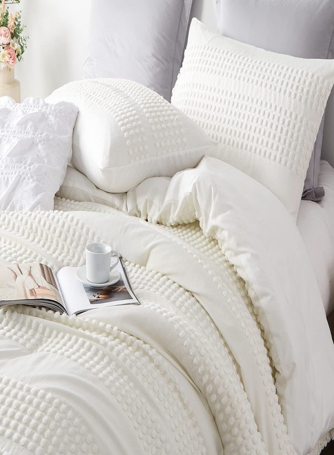 Cupocupa King Size Comforter Set;White Comforter Boho Tufted Lightweight Bedding Sets 3PCS Pom Pom Comforter Soft Jacquard with 2 Pillow Cases for All Season - Image 4