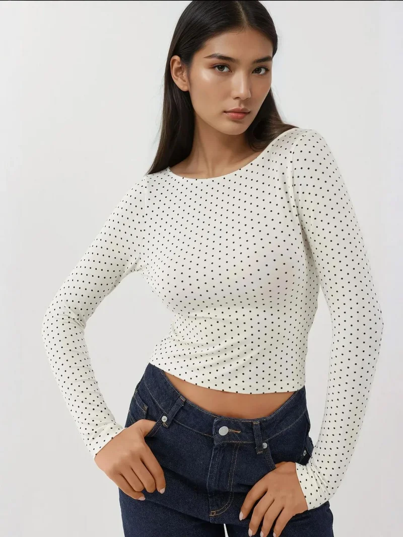 HICCUP Open Back Polka Dot Long Sleeve Fitted Crop Top Busem Collection
