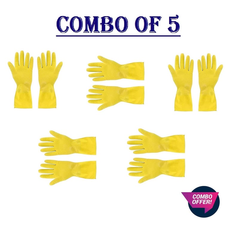 Ekon Combo Of 5 Latex Non Slip Multipurpose Heavy Duty Reusable Safety Rubber Hand Gloves For Chemical Resistance Protective Lab Gardening Industrial Building Construction Agriculture Work Yellow - Image 2
