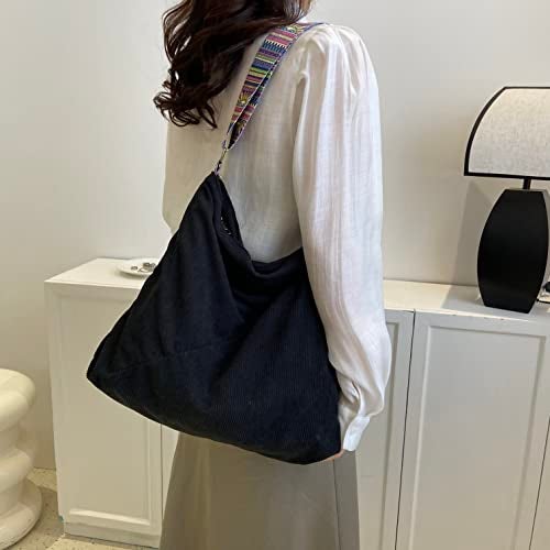 JARKJARD Women Corduroy Tote Bag Large Shoulder Hobo Bag for Women Boho Casual Handbag Purse(Black) - Image 5