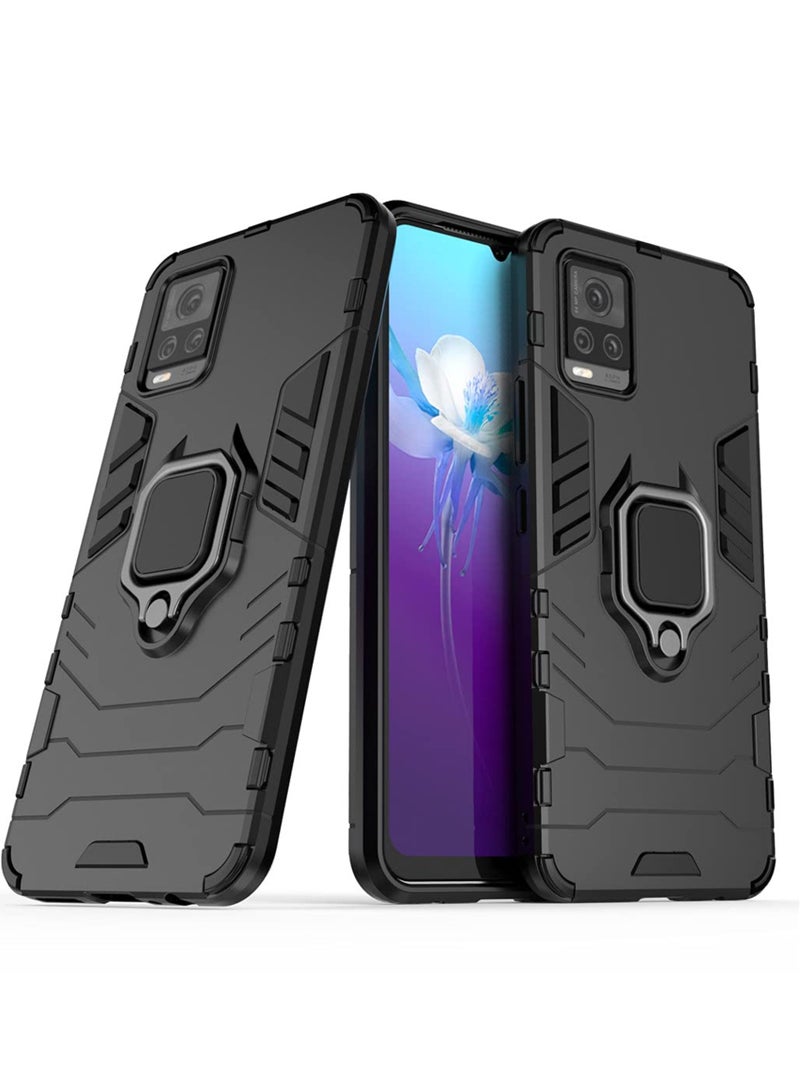 مايجين متوافق مع حافظة Vivo V20 بمقبض حلقي معدني ومسند ممتص للصدمات صلب يعمل مع حامل مغناطيسي للسيارة وغطاء متين بطبقة مزدوجة باللون الأسود - Image 1