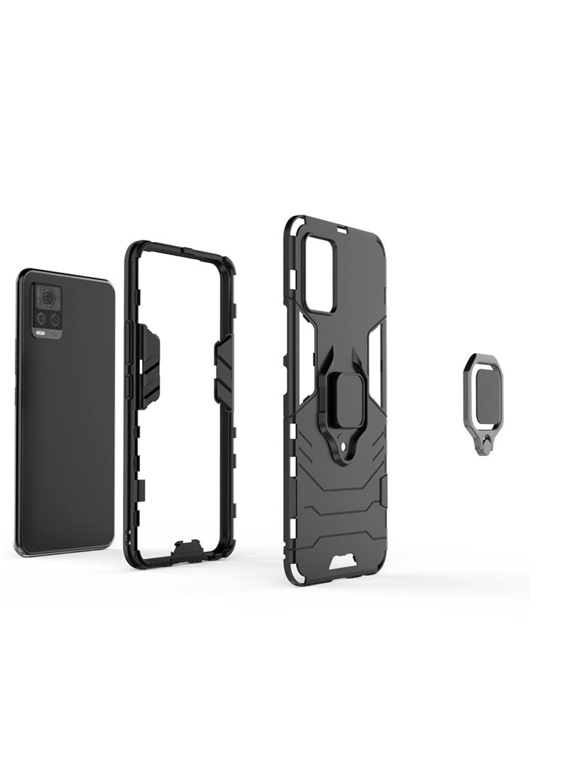 مايجين متوافق مع حافظة Vivo V20 بمقبض حلقي معدني ومسند ممتص للصدمات صلب يعمل مع حامل مغناطيسي للسيارة وغطاء متين بطبقة مزدوجة باللون الأسود - Image 4