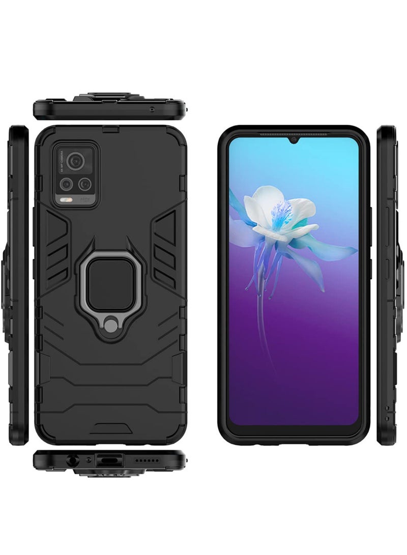 مايجين متوافق مع حافظة Vivo V20 بمقبض حلقي معدني ومسند ممتص للصدمات صلب يعمل مع حامل مغناطيسي للسيارة وغطاء متين بطبقة مزدوجة باللون الأسود - Image 3