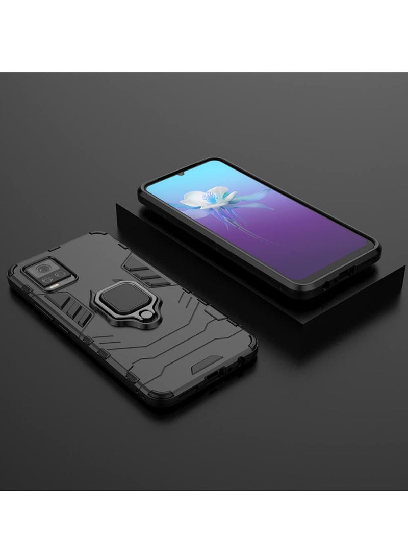 مايجين متوافق مع حافظة Vivo V20 بمقبض حلقي معدني ومسند ممتص للصدمات صلب يعمل مع حامل مغناطيسي للسيارة وغطاء متين بطبقة مزدوجة باللون الأسود - Image 5