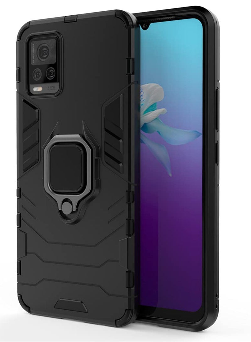 مايجين متوافق مع حافظة Vivo V20 بمقبض حلقي معدني ومسند ممتص للصدمات صلب يعمل مع حامل مغناطيسي للسيارة وغطاء متين بطبقة مزدوجة باللون الأسود - Image 2