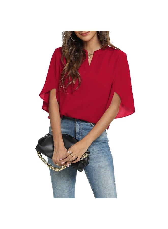 Funlingo Women's Summer Tops Short Sleeve Business Casual Shirts V Neck Chiffon Dressy Blouse Ladies Work Blusas de Mujer Red Large - Image 3