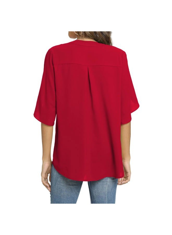 Funlingo Women's Summer Tops Short Sleeve Business Casual Shirts V Neck Chiffon Dressy Blouse Ladies Work Blusas de Mujer Red Large - Image 4