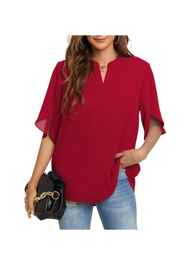 Funlingo Women's Summer Tops Short Sleeve Business Casual Shirts V Neck Chiffon Dressy Blouse Ladies Work Blusas de Mujer Red Large - Image 1