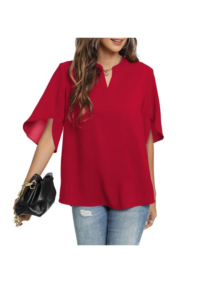 Funlingo Women's Summer Tops Short Sleeve Business Casual Shirts V Neck Chiffon Dressy Blouse Ladies Work Blusas de Mujer Red Large - Image 2