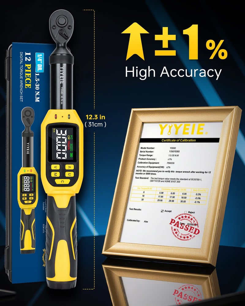 YIYEIE 1/4" Digital Torque Wrench Set | 13.5-265 in-lb | ±1% Accuracy | Deep-Reach Head | Smart Alert Multi | 12PC Bike Torque Wrench Digital for MTB/Motorcycle, with Sockets & Adapters - Image 2
