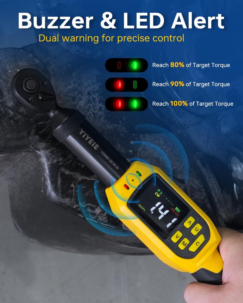 YIYEIE 1/4" Digital Torque Wrench Set | 13.5-265 in-lb | ±1% Accuracy | Deep-Reach Head | Smart Alert Multi | 12PC Bike Torque Wrench Digital for MTB/Motorcycle, with Sockets & Adapters - Image 4