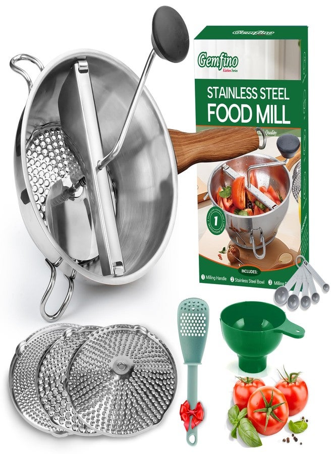 Gemfino Stainless Steel Food Mill With 3 Milling Discs,Ergonomic design Rotary hand crank,Wood Grain Handle Food Mills For Tomato Sauce,Potatoes,Jams,With Funnel,Multifunctional Spoon,Blue MW-N02 - Image 1