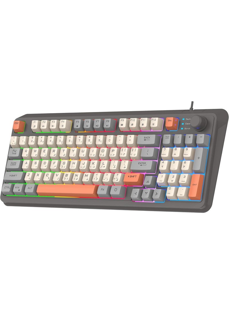 [Upgraded] Wired English Arabic Gaming Keyboard and Mouse Set, Silent Keyboard with Adjustable RGB Rainbow Backlit and Independent Volume Adjustment Knob Keyboard and Mouse for Games (Gray)