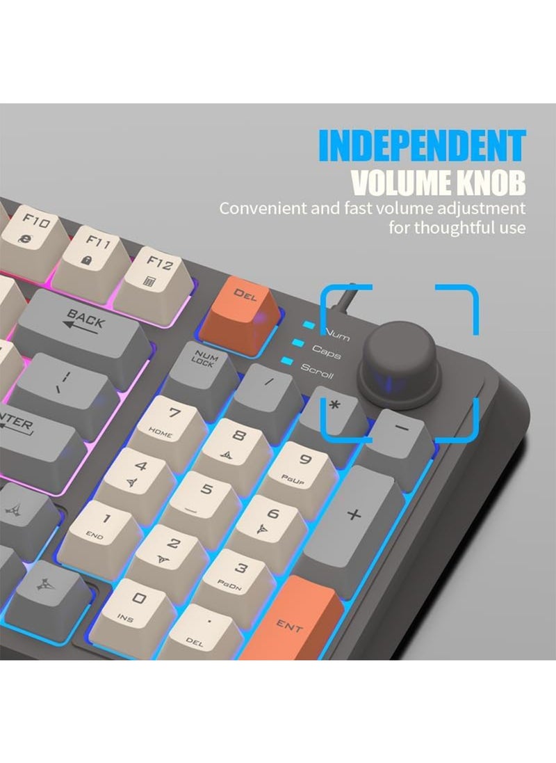 [Upgraded] Wired English Arabic Gaming Keyboard and Mouse Set, Silent Keyboard with Adjustable RGB Rainbow Backlit and Independent Volume Adjustment Knob Keyboard and Mouse for Games (Gray)
