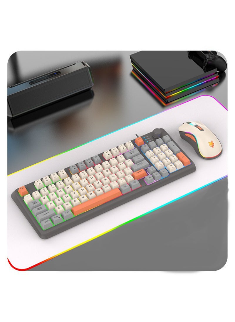 [Upgraded] Wired English Arabic Gaming Keyboard and Mouse Set, Silent Keyboard with Adjustable RGB Rainbow Backlit and Independent Volume Adjustment Knob Keyboard and Mouse for Games (Gray)
