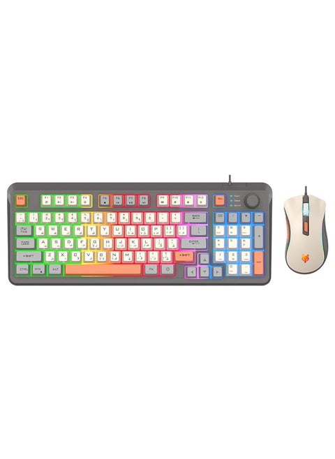 [Upgraded] Wired English Arabic Gaming Keyboard and Mouse Set, Silent Keyboard with Adjustable RGB Rainbow Backlit and Independent Volume Adjustment Knob Keyboard and Mouse for Games (Gray)