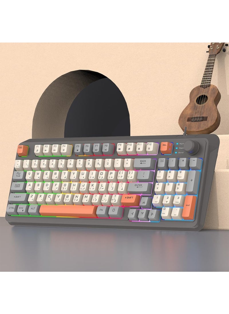 [Upgraded] Wired English Arabic Gaming Keyboard and Mouse Set, Silent Keyboard with Adjustable RGB Rainbow Backlit and Independent Volume Adjustment Knob Keyboard and Mouse for Games (Gray)