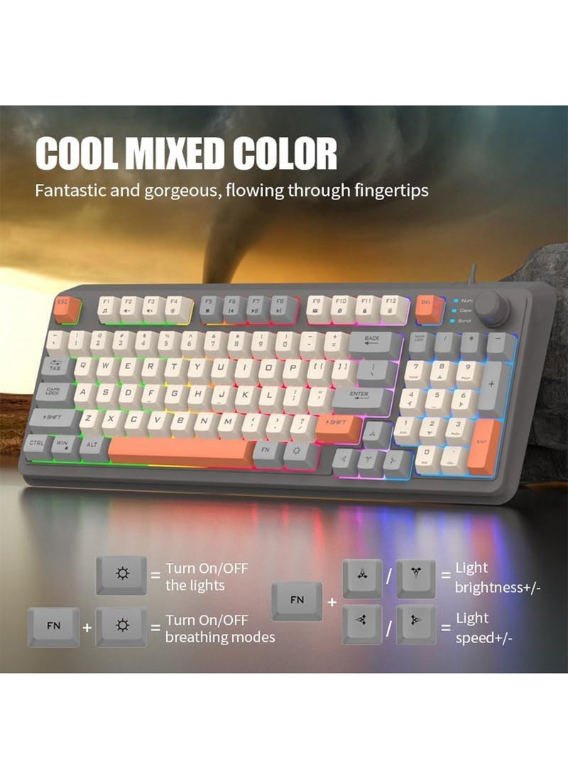 [Upgraded] Wired English Arabic Gaming Keyboard and Mouse Set, Silent Keyboard with Adjustable RGB Rainbow Backlit and Independent Volume Adjustment Knob Keyboard and Mouse for Games (Gray)