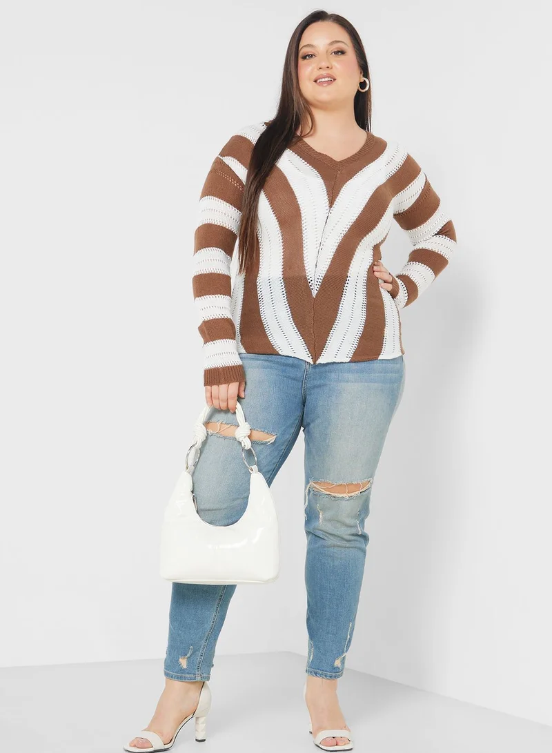 Ella Plus Chevron Print Detail V Neck Sweater