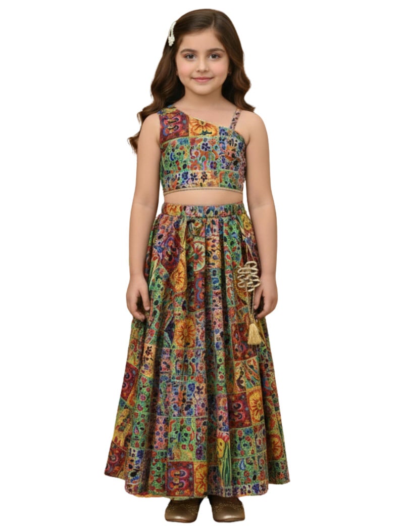 Naixa Girls Multicolor Digital Print Rayon Fabric Lehenga Choli with Dupatta Set | Ready to Wear Lehenga Choli Set | Lehenga Choli Set for Girls (SE52_7-8 YEAR) - Image 1