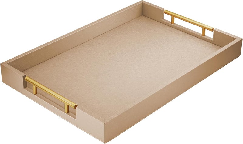 ATZYmolin 17" x 12" Wood Serving Tray with Gold Polished Metal Handles, Home Decorative Wooden Rectangle Ottoman Leather Decor Platter Bathroom Vanity Tray for All Occasions Khaki - Image 1