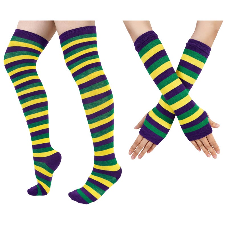 Junely Mardi Gras Thigh High Socks Striped Over the Knee Stockings Extra Long Gifts Cosplay Costumes Accessories Green Purple Yellow - Image 1