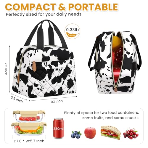 ELONGRIVER Insulated Lunch Bag for Women, Portable Lightweight Lunch Box for Adults, Reusable Small Lunch Tote Cooler Bags with Front Zipper Pocket for Work School Picnic(Cow) - Image 2