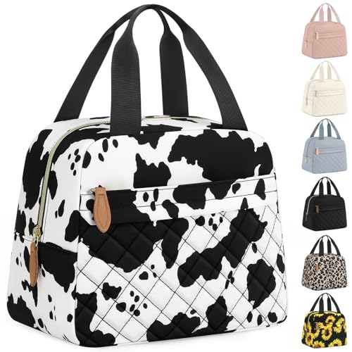 ELONGRIVER Insulated Lunch Bag for Women, Portable Lightweight Lunch Box for Adults, Reusable Small Lunch Tote Cooler Bags with Front Zipper Pocket for Work School Picnic(Cow) - Image 1