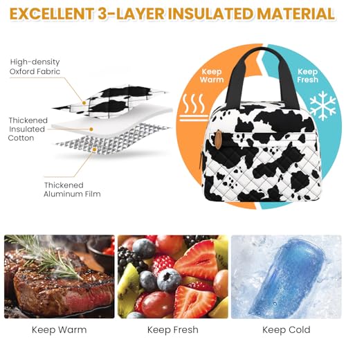 ELONGRIVER Insulated Lunch Bag for Women, Portable Lightweight Lunch Box for Adults, Reusable Small Lunch Tote Cooler Bags with Front Zipper Pocket for Work School Picnic(Cow) - Image 3