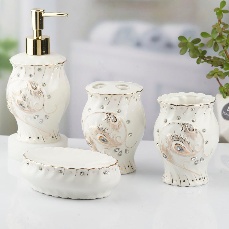 Kookee Ceramic Bathroom Accessories Set of 4 Modern Bath Set with Liquid handwash Soap Dispenser and Toothbrush Holder Luxury Gift Accessory for Home WhiteSilverGold 10102 - Image 1